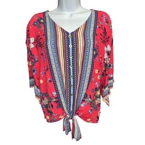 Ali Miles PXL Top BOHO Pink Blue Floral Rayon Waist Tie Flare Sleeves Petite XL